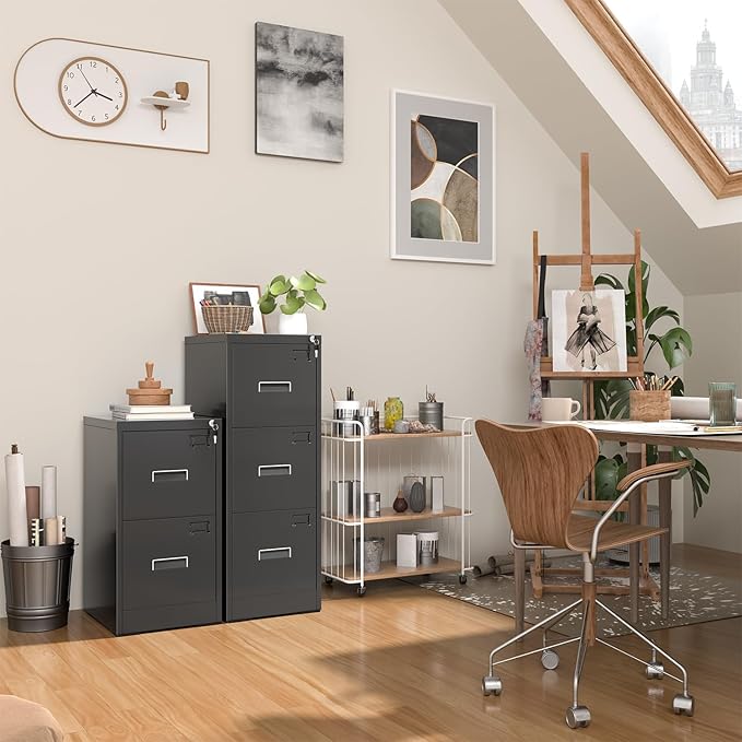 INTERGREAT 2 Drawer Filing Cabinet, Metal Black File Cabinets with Lock, Locking Narrow Storage Cabinet with Adjustable Hanging Frame for Home Office, Letter/Legal/F4/A4 Size