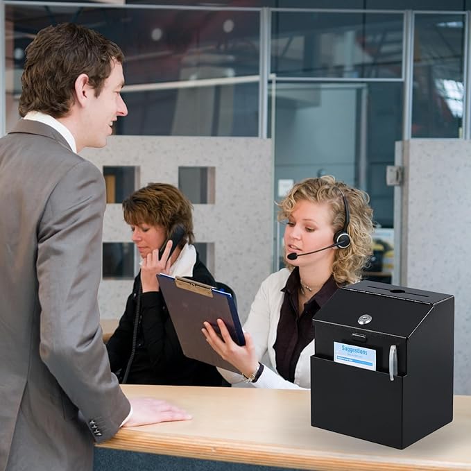 xydled Suggestion Box with Lock Wall Mountable Metal Donation/Ballot/Voting/Collection/Key Drop Box with 50 Free Suggestion Cards 7.1"x 5.7"x 8.1" Black