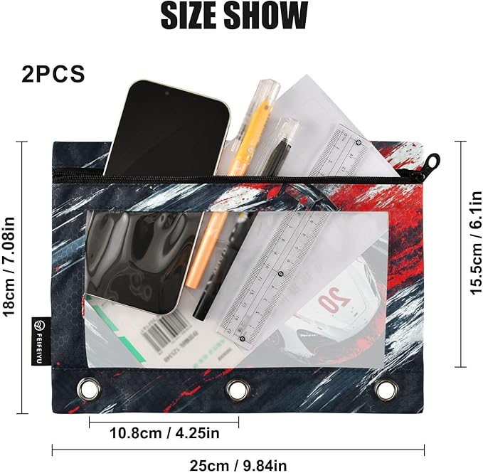 Truck Racing Car Pencil Pouch for 3 Ring Binder, 2 Pack Waterproof Pencil Bags Clear Window Zipper School Office Supplies