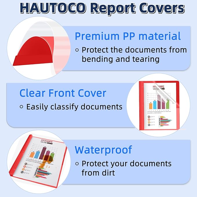 HAUTOCO 5 Pack Plastic Report Covers with 3-Prong Fasteners Clear Front Presentation Folders Resume Folders for 8.5x11 Letter Size Paper, Document Report Cover for School Office Business, Red