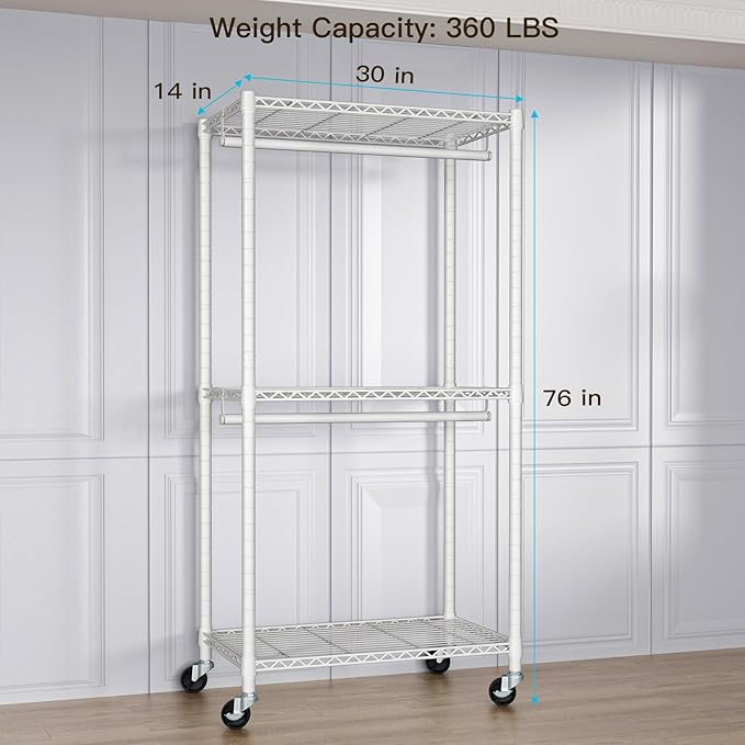 P1 Medium Heavy-Duty Portable Closet, 30" W x 14" D x 76" H, Metal Rolling Clothing Rack, White