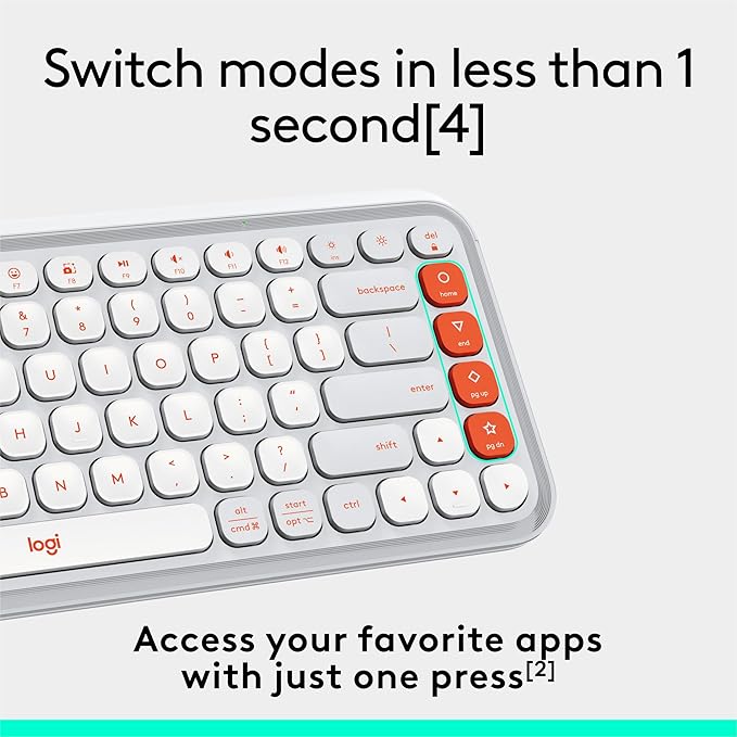 Logitech POP ICON Keys Wireless Bluetooth Keyboard, Comfortable Typing, Programmable Keys, Easy-Switch Between up to 3 Devices, for Laptop, Tablet, PC – Off White and Orange