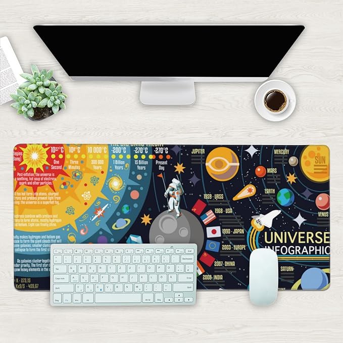Desk Mat, 3D Solar System Galaxy Infographic Extended Gaming Mouse Pad Large, 35.4"x15.7" Big Mouse Pad with Non-Slip Base and Stitched Edge, Long Computer Keyboard Mouse Mat for Home Office Work