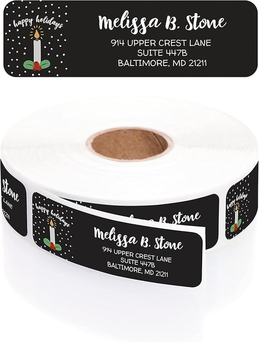 Holiday Candle Rolled Address Labels/Roll of 500 Personalized Return Address Labels/Designer Return Address Stickers in Elegant Plastic Dispenser