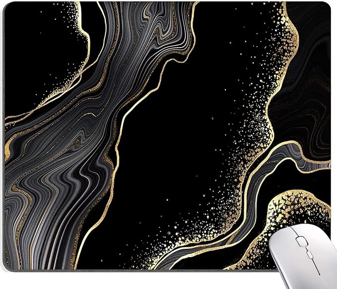 Mouse Pad Marble, Cute Personalized Mouse Pads with Design, Square Washable Cloth Mouse Mat, Gaming Office Home Non-Slip Rubber Base Computer Mousepad, Black Gold Marble