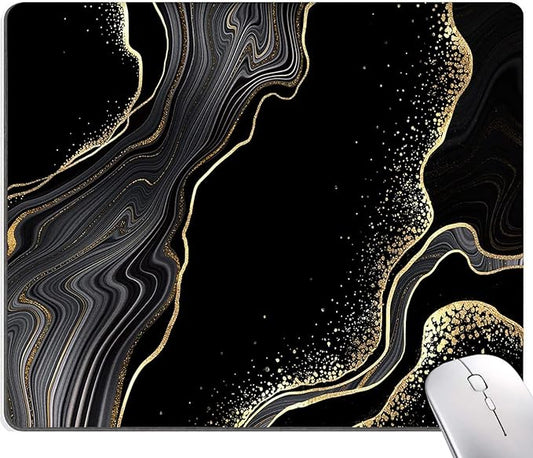 Mouse Pad Marble, Cute Personalized Mouse Pads with Design, Square Washable Cloth Mouse Mat, Gaming Office Home Non-Slip Rubber Base Computer Mousepad, Black Gold Marble