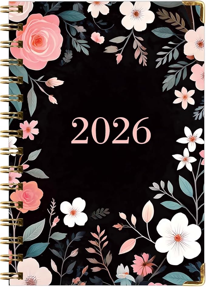 HARDCOVER 2026 Planner, 5.5"x8": 14 Months (November 2025 - December 2026), Daily Weekly Monthly Planner, Yearly Agenda, Bookmark, Pocket Folder and Sticky Note Set (Black Floral Pink)