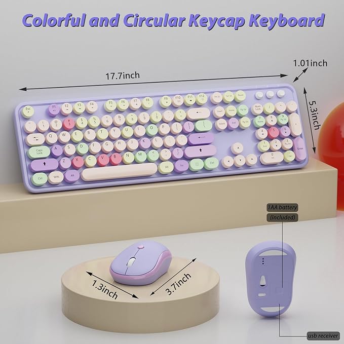 Wireless Typewriter Keyboard and Mouse - Wireless Keyboard with Silent Wireless Mouse, Cute Retro Keyboard Mouse Combo, 2.4G USB Computer Keyboard and Mouse for Windows Laptop/Desktop/PC(Purple)