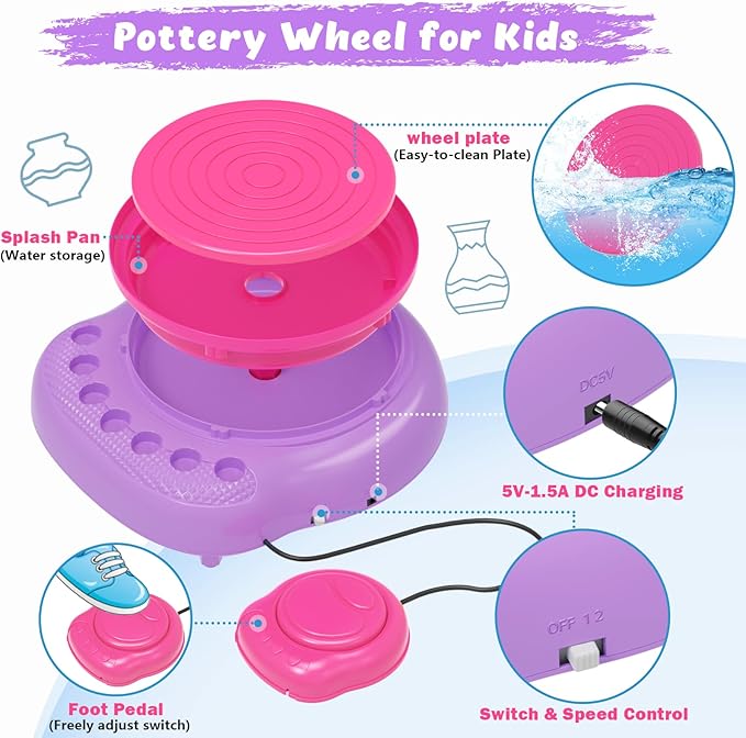 TingingYuli Pottery Wheel for Kids,Complete Pottery Kit and Tools for Beginners,Arts and Crafts Toys for Kids Ages 8-12,Art Supplies Birthday Gifts for Boy Girl Age 6 7 8 9 10 11 12 (Pink/Purple)