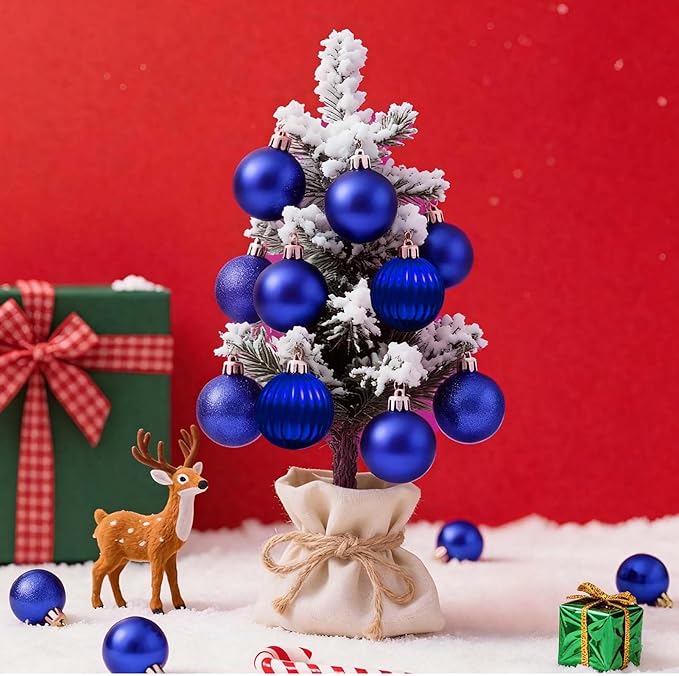 Set of 24 Small Blue Christmas Ornaments Balls for Christmas Tree, 1.2 inch Mini Blue Ornaments for Mini Tree, Tiny Plastic Shatterproof Hanging Bulbs Xmas Valentine Party Indoor Outdoor Decorations