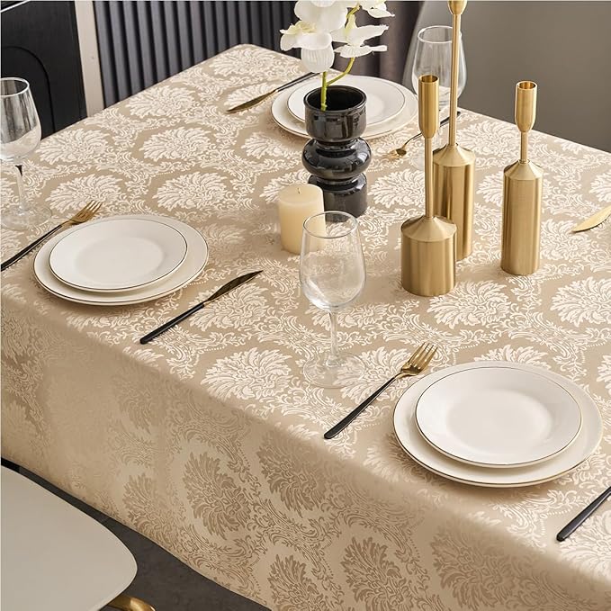 Romanvicky Christmas Jacquard Tablecloth Gold Flowerl Pattern Rectangle Table Cloth Spill Proof Wrinkle Resistant Polyester Table Cover for Dining, Kitchen, Thanksgiving Decoration, 60 x 84 Inch