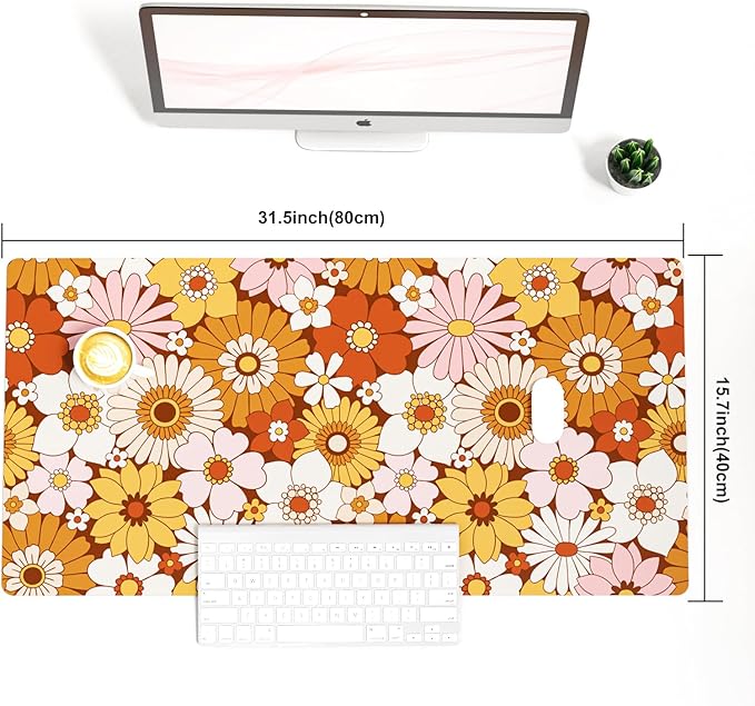 Colorful Star Large Mouse Pad, PU Leather Waterproof Desk Mat, Computer Gaming Mouse Pad, XXL Full Desk Mousepad Non Slip Desk Pad for School Office Home 31.5" x 15.7" - Retro Flowers