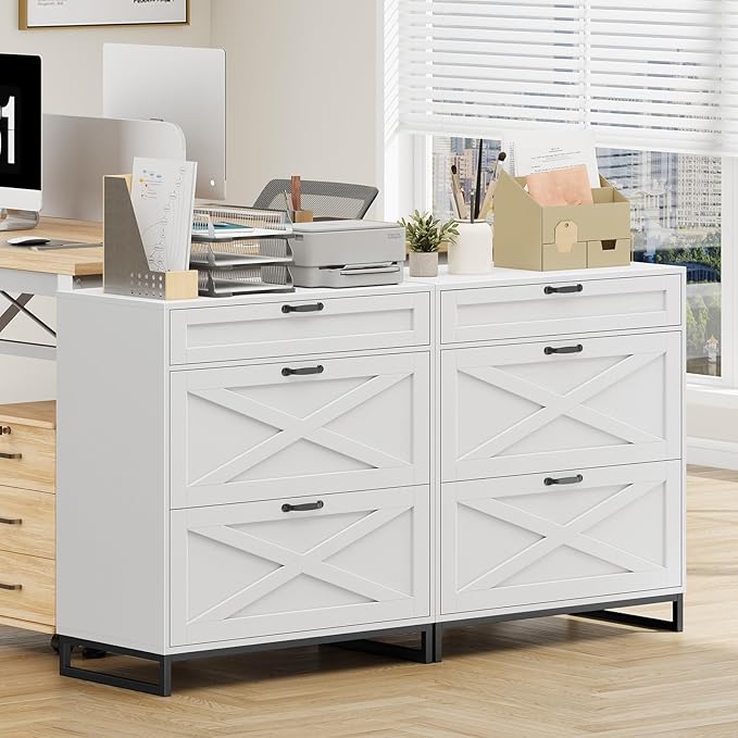 File Cabinet 3 Drawers Lateral File Cabinet for Letter/Legal/A4 Size Hanging Files, Large Wood File Storage Cabinets Printer Stand for Home Office, White and Black