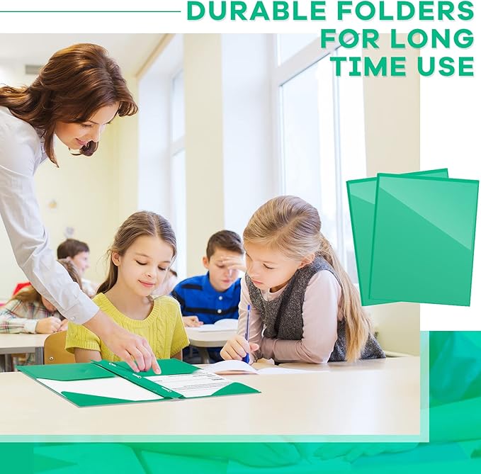 Henoyso 48 Pcs Plastic Folder with Clear Front Pocket and 3 Prongs Heavy Duty Plastic Folders with Card Slot Pocket Folders with Prongs for School Office Home(Green)