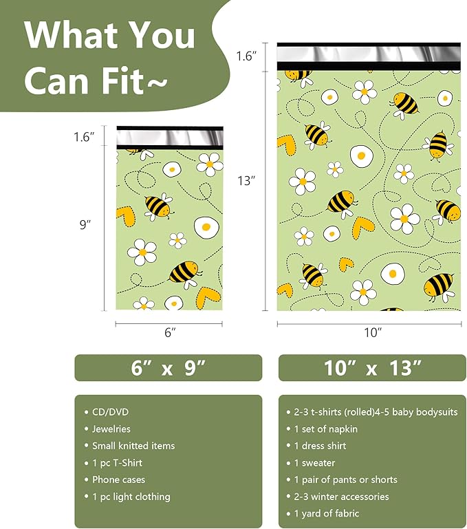 Poly Mailers 10x13 Inch 25 Pcs - Bee printed Shipping Bags, 2.4mil Thickness, Waterproof and Tear Resistant Mailing Envelopes, Self-Sealing Packaging Bags for Small Business