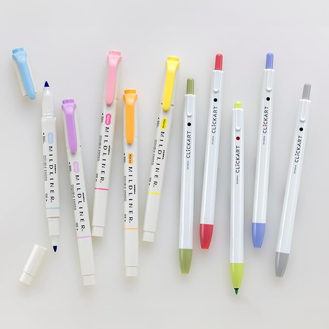 Zebra Pen - Creative 10-Pack Journaling Set - No Bleed Highlighters & CLiCKART Pens - Assorted Colors for Note-Taking, Bible Study, Bullet Journaling (14010)