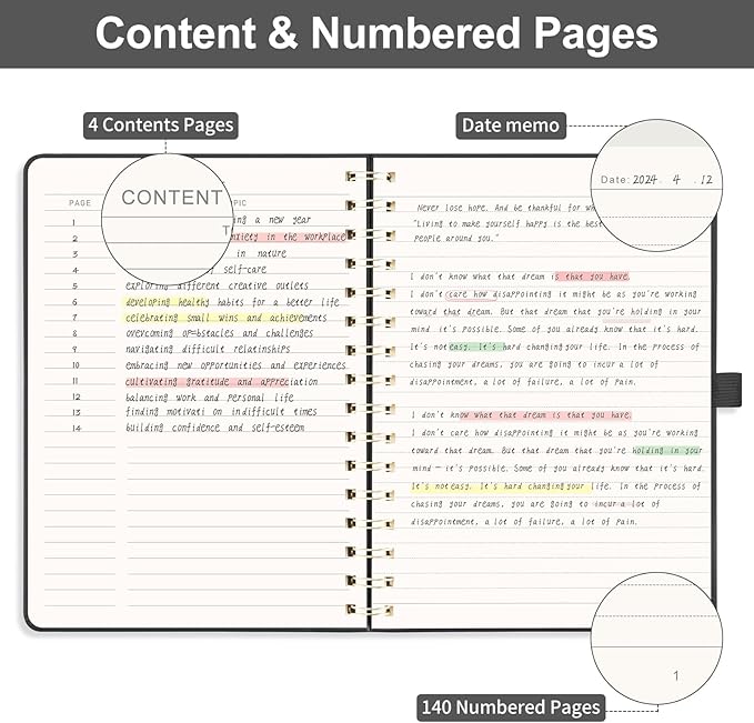 EMSHOI Lined Spiral Journal Notebook for Women & Men, 140 Numbered Pages, College Ruled Hardcover Notebook for Work & Note Taking, Journals for Writing, B5(7.48"x10.15") - Black