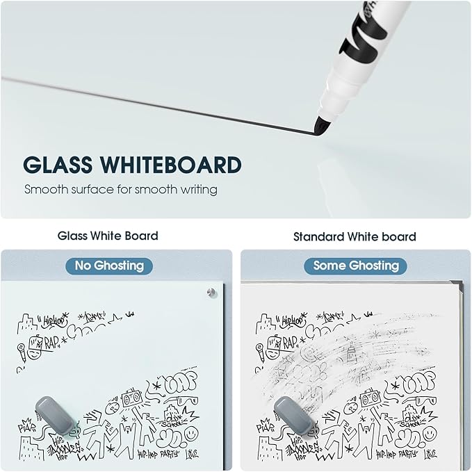 MaxGear Glass White Boards 48x30 Inches, Wall Mounted Magnetic Glass Dry Erase Board, Large Frameless Whiteboard with 1 Eraser,3 Markers and 6 Magnets for Office, School, Home
