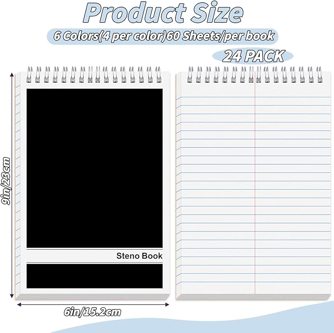 24 Pack Black Steno Pads 6 x 9 in Spiral Top Notebooks Bulk Note Pads 60 Sheets Gregg Rule Writing Paper Steno Notebooks for Students Teachers Men Women Professionals Office School Recording work