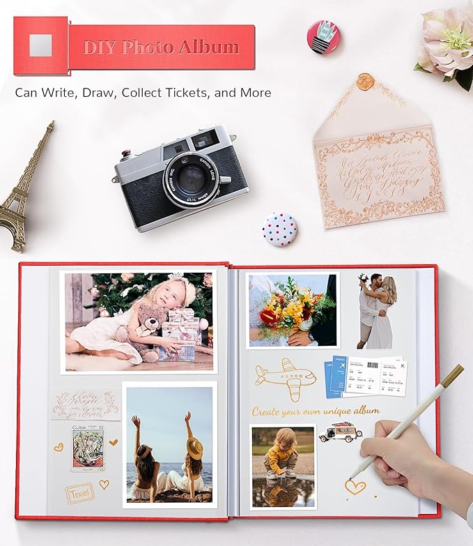 Photo Album Self Adhesive Scrapbook Album for 3x5 4x6 5x7 8x10 Pictures,60 Pages Linen Cover with Display Window DIY Photo Book,Ideal Gifts for Family Travel Wedding Baby