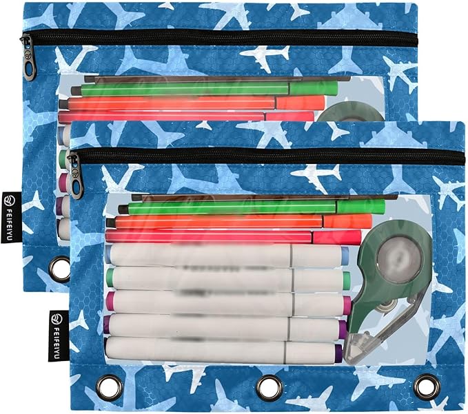 Airplanes in The Sky Pencil Pouch for 3 Ring Binder, 2 Pack Waterproof Pencil Bags Clear Window Zipper School Office Supplies