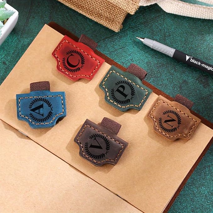Custom Bookmark with Pen Holder with 26 Letters Personalized Magnetic Leather Book Mark, Customized Name Book Marker Clip with Initial for Men Women, Gifts for Book Lovers, Readers, (Brown, D)