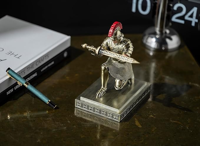 Roman Praetorian Warrior Knight Pen Holder Desk Ornament Resin Pencil Holder Desk Accessories and Organizer for Office with a Letter Opener (Bronze)