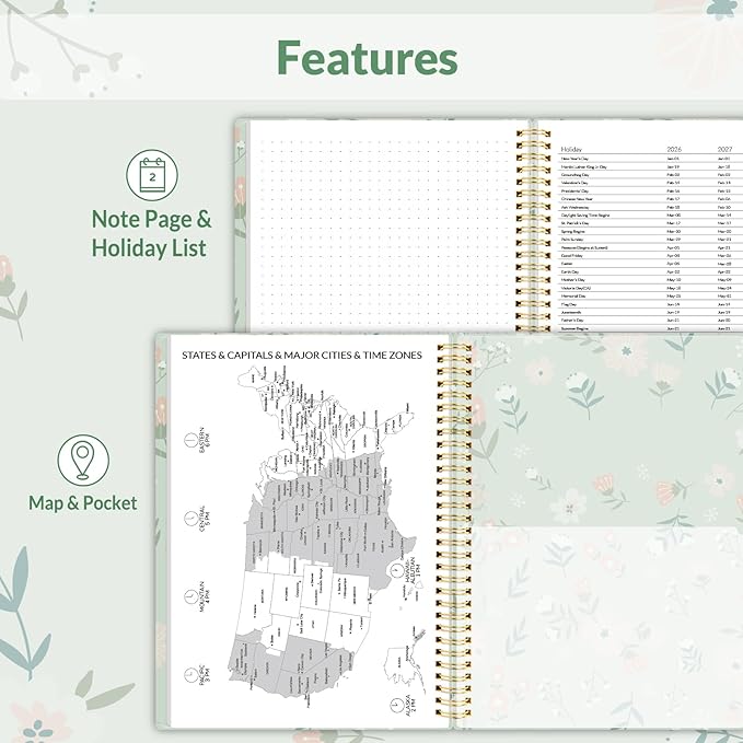 SUNEE 2026 Weekly and Monthly Planner - January 2026-December 2026, 8.5"x11" Half Weekly Half Note, Daily Agenda Planner with PVC Waterproof Cover, Monthly Tab, Note, Pockets, Bookmark, Wildflowers