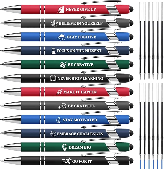 Inspiring Pen Set - 12 Inspirational Quote Ballpoint Pens with 12 Refills, Blue Ink - Motivational Gifts for Office & School | Encouragement Gifts for Men & Women, Multicolor