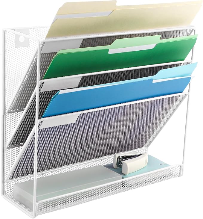 EASEPRES Desk File Organizer Mesh 4-Tier, Hanging Wall Mount Document Organization Stand, Desktop Vertical Mail Paper Folder Holder Rack with Bottom Tray for Office Home Cubicle Countertop, White
