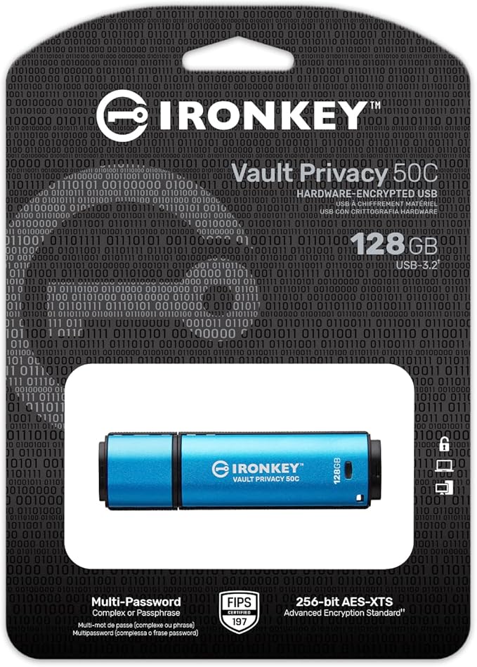 Kingston Ironkey Vault Privacy 50 USB-C 128GB Flash Drive | FIPS 197 Certified | XTS-AES 256-bit | BadUSB and Brute Force Protection | Mult-Password Option | IKVP50C/128GB