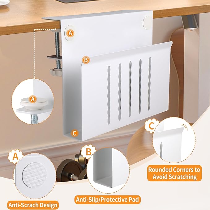 Desk Side Storage Under Desk Laptop Holder, No Drill Hanging Desk Organizer with Pen Holder, Clamp-On Table Side Tray Desktop Organization Mount for Office and Home (White)