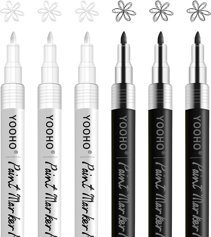 Paint Pen White Black Acrylic Marker Set for Rock Wooden Tire Metal Leather Glass Painting, 0.7mm Fine Point Quick Drying (3pcs Black +3pcs White)