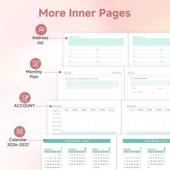 Picoway 2026 Planner A5 400 Pages - Weekly and Monthly Daily Calendar with Thick Paper, One Full Page Per Day Planners from Jan. 2026 - Dec. 2026, Hardcover Notebook ，8.3" x 5.7" (Pink)