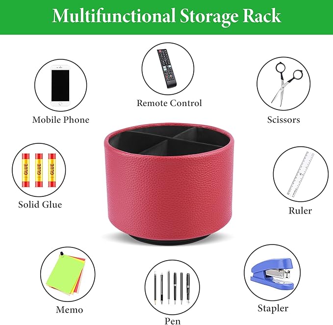 Hennaja Round Leather Art Supply Organizer,Remote Control Holder,360 Degree Spinning,Multi-Functional Pencil Holder,4 Compartments Desktop Stationary Organizer(1-Lichee Red)