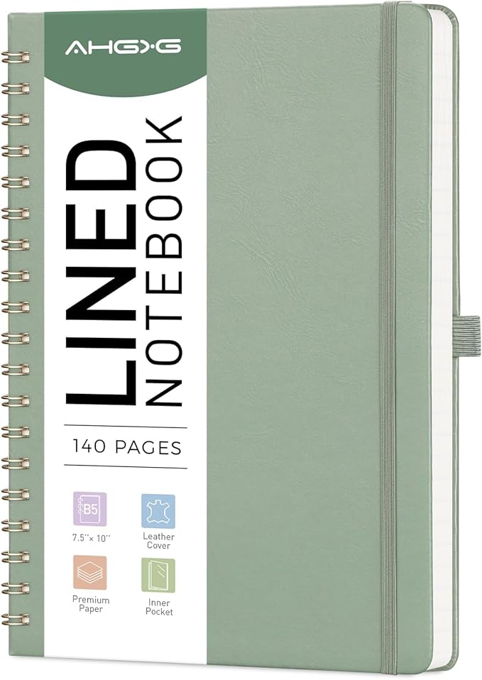 AHGXG Lined Spiral Journal Notebook, B5 Large Notebooks for Women Men, 140 Pages Hardcover Leather Notebook College Ruled, 100 GSM Paper, Notebooks for Work School Note Taking, 7.6" x 10", Sage Green