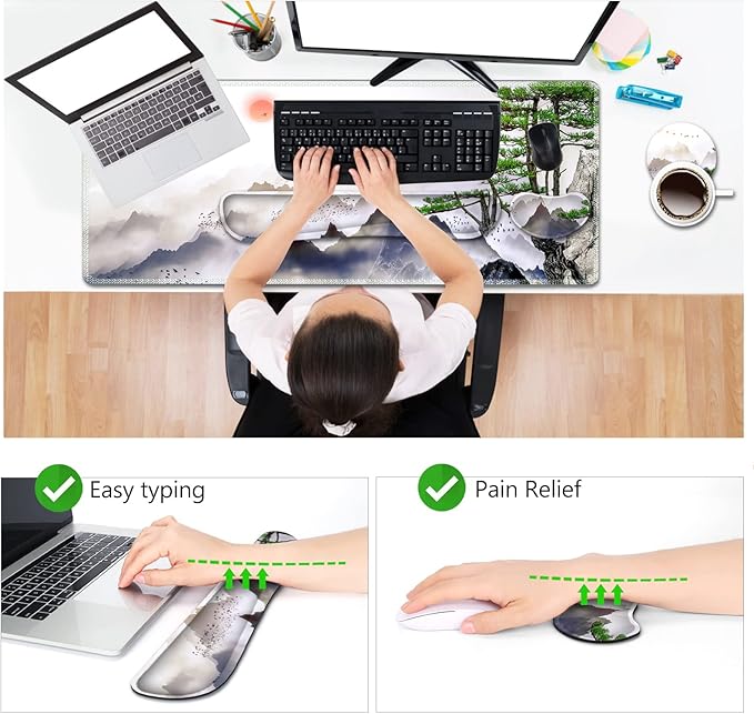 AIMSA Large Gaming Mouse Pad Set, Keyboard Wrist Rest Support + Extended Mouse Pad + Mouse Wrist Cushion + Coaster, Ergonomic Memory Foam Desk Mat 35x15.7in Anti-Slip Base (Pine Tree Mountains)