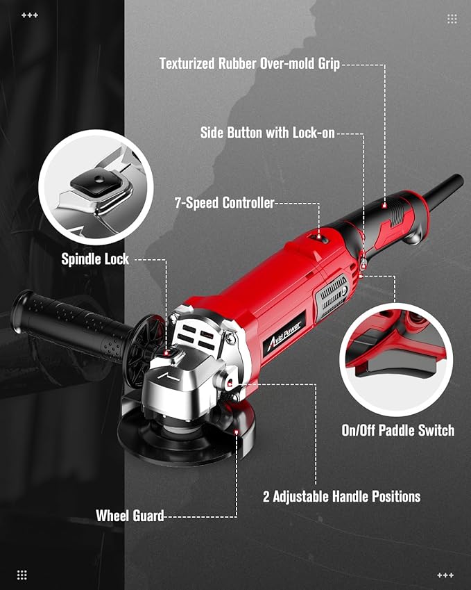 AVID POWER Angle Grinder 4-1/2 Inch 8.0 Amp 1000W Electric Grinder Tool 7-Variable-Speed Metal Grinder, 11,500 RPM, Paddle Switch with Lock-on Button, Cutting & Grinding Wheels and Side Handle