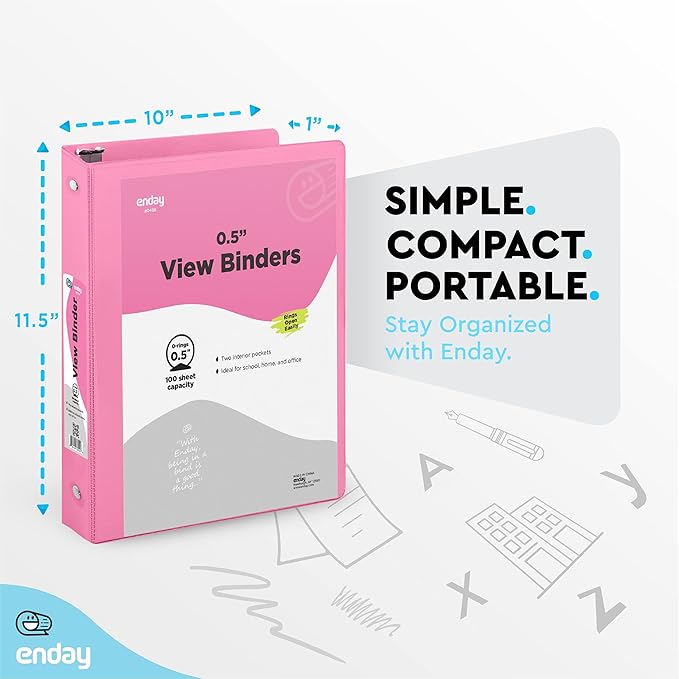 ½ Inch 3 Ring Binder .5 inch Pink Clear View Cover with 2 Inside Pockets, Colored School Supplies Office and Home Binders – by Enday