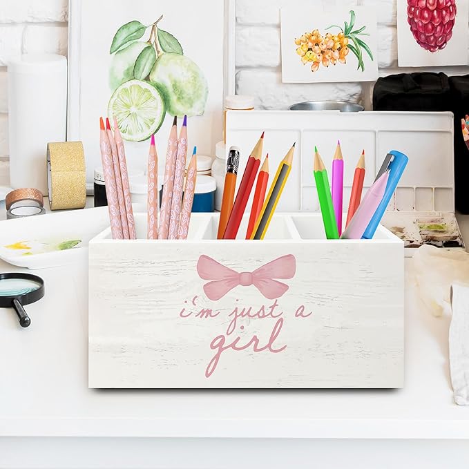 Pink Coquette Bow Preppy Pen Pencil Holder Organizer for Desk, Preppy Desk Decor, I'm Just a Girl Pink Wooden Box Sign for Girly Room Bedroom Dorm Tabletop Decorations