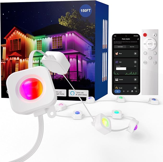 HUTAKUZE Permanent Outdoor Lights, 150ft RGB Outdoor Christmas Lights with 90 LED Light, IP67 Waterproof LED Eaves Light, DIY Scene Modes for Halloween and Holiday Decor, Smart APP & Remote Control