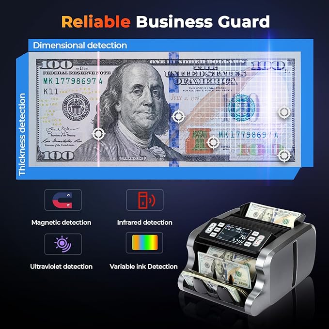 MUNBYN IMC09 Mixed Denomination Money Counter Machine, Value Counting, UV/MG/IR/MT Bill Counter, 3.5" TFT Display Money Counting Machine Printer Enabled, USD, EUR, MXN Cash Counter for Business(Black)