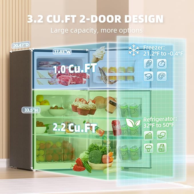 Frestec Mini Fridge with Freezer 3.2 Cu.Ft. 2 Door Refrigerator and Freezer Small Fridge for Bedroom Home Office Dorm, Small Drink Chiller, 37 dB Low Noise, Stainless Steel