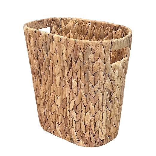 PINXIURY Bathroom Wicker Trash Can Handwoven Wicker Waste Basket with Built-in Handles Water Hyacinth Garbage Can for Bedroom Office Kitchen 100% Handmade 13" L x 7.5" W x 12.2" H, 3.2 Gallon