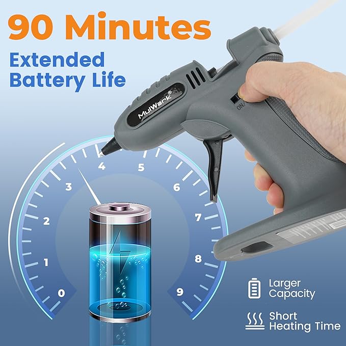 MULWARK Rechargeable Cordless Hot Melt Glue Gun Fast Preheating Mini Glue Gun Kit with 30 Premium Glue Sticks, Nozzle Cap, and Wireless Design for Crafts, DIY Projects & Repairs