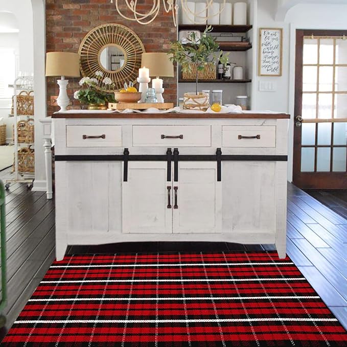 CAINANEL Buffalo Plaid Outdoor Rug Christmas Door Mat Christmas Decor Welcome Rug Cotton Hand-Woven Layered Door Mats for Front Porch, Kitchen, Farmhouse, Entryway (35.4''x59'', Red/Black/White)
