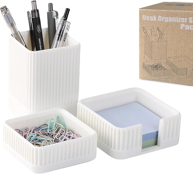 Aesthetic Desk Organizers and Accessories Set of 3 with Pen Holder,Paperclip Holder,Sticky Note Holder - Durable Plastic Pencil Holder for Office Women Men-Teacher Appreciation/Back-to-school Gift