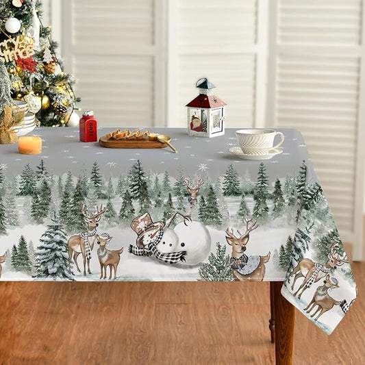 Horaldaily Christmas Tablecloth 60×120 Inch Rectangular, Deers Snowman Trees Grey Washable Table Cover for Party Picnic Dinner Decor