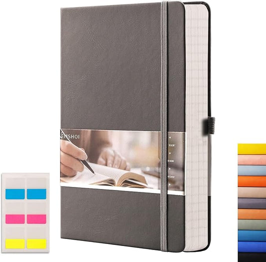 EMSHOI A5 Lined Journal Notebook - 120gsm Thick PU Leather Hardcover with Sticky Notes, 256 Numbered College Ruled Notebook for Work, School & Writing, 5.75" x 8.38" Dark Grey