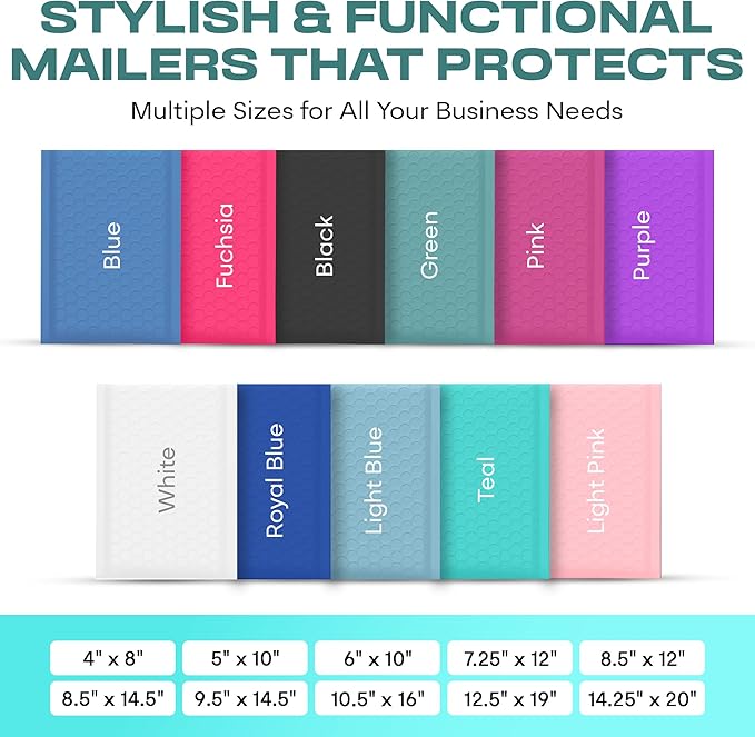 Teal Poly Bubble Mailers 7.25x12 inch #1 | Self Seal Padded Envelopes | Cushioned Bubble Mailer | Usable Size 7.25x11 | WaterProof | Lightweight mailing Shipping Bags | 200 Pack Bulk